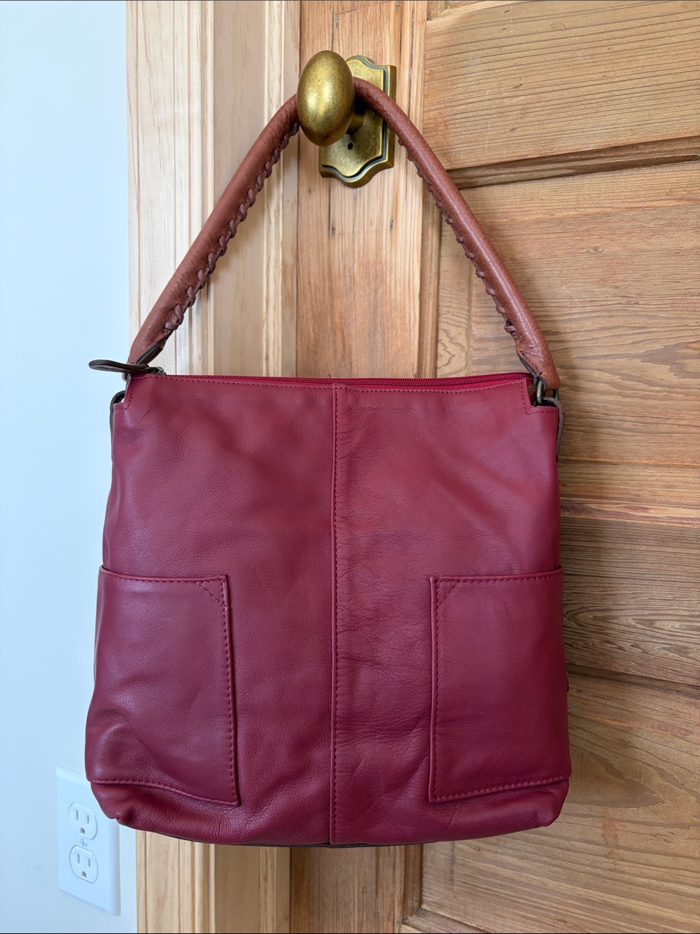 SUNDANCE🍂 Red Leather Shoulder Bag with Braided Tan Handle